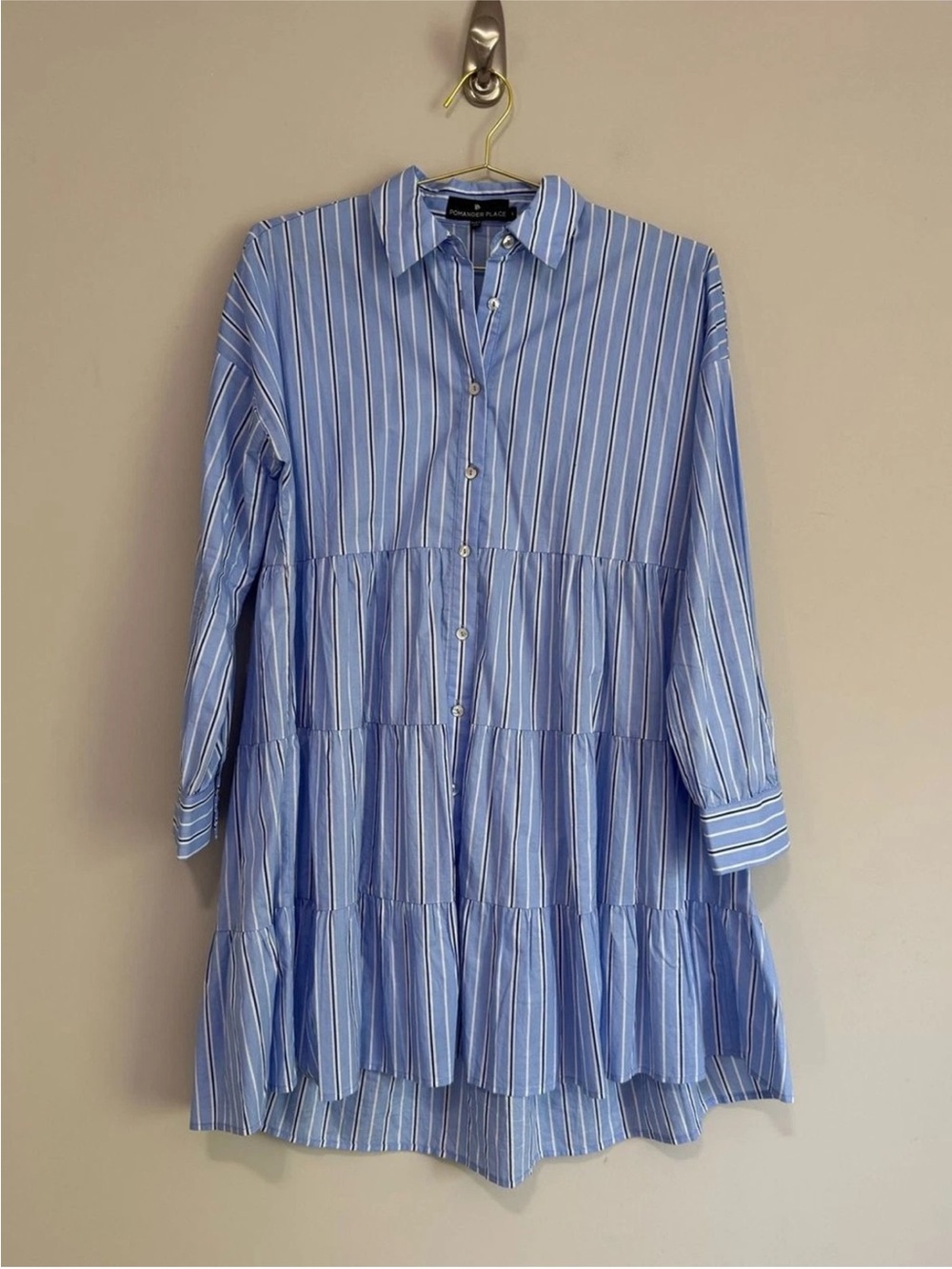 Tuckernuck Pomander Place Shades of Blue Tiered Striped Shirt Dress XS - Picture 2 of 6